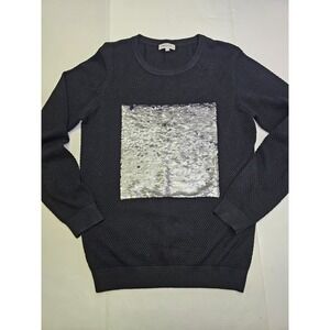 RED P G Black Textured Sweater Sequin Front Square Neck Long Sleeve Size L